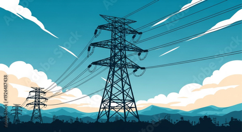 High voltage power lines and transmission towers against a blue sky.