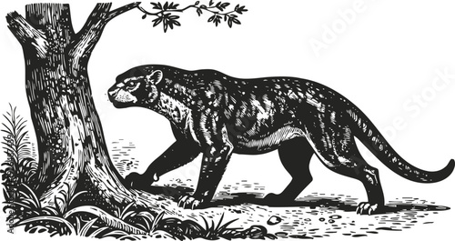 Vintage engraving of a prehistoric mammal walking near a tree in natural environment