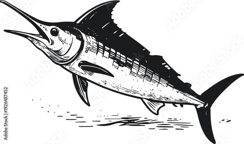 Swordfish jumping out of water with detailed scales and long pointed bill in black and white illustration