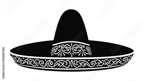 Mexican Sombrero Hat Silhouette with Traditional Decorative Pattern.