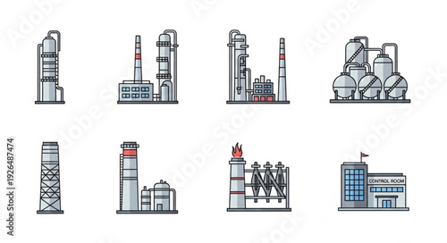 Industrial factory buildings with various structures and chimneys, representing manufacturing and production.