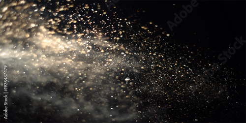 Abstract blue water drops on a dark black background create a magic galaxy of glowing rain particles and bright starlight dust