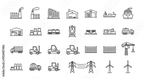 Collection of industrial and transportation icons representing various aspects of industry.