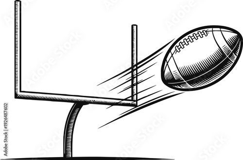American football ball flying through goalposts illustration of touchdown scoring in sport game
