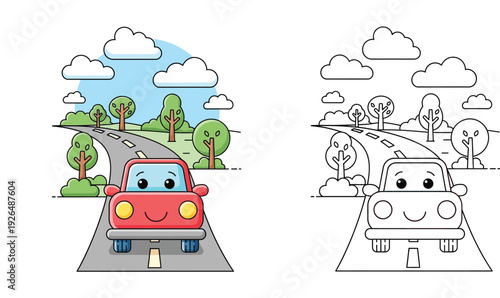 Cute cartoon red car driving on road landscape, color and black and white outline for kids coloring book page vector illustration