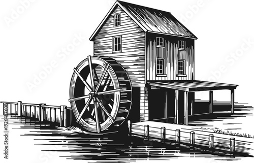 Classic watermill with large wooden wheel by the riverside vintage rustic building with water flowing under bridge