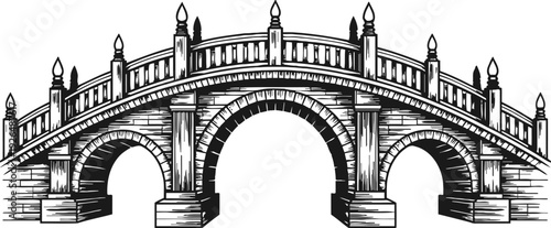 Historic arched stone bridge with balustrade and ornamental finials vintage engraving illustration