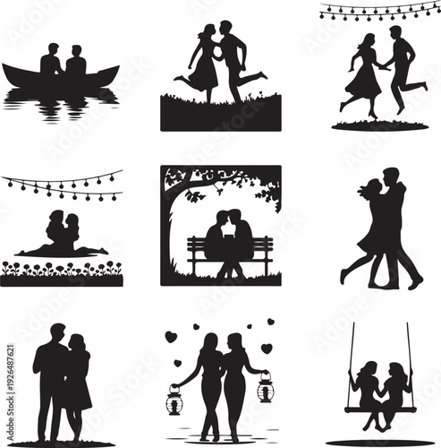 black silhouettes of romantic couples in various poses and activities