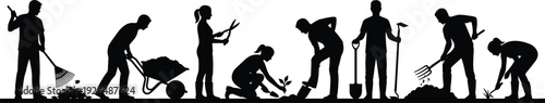 Gardening people silhouette set, men and women planting raking digging and landscaping isolated on white background, flat vector illustration