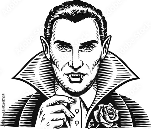 Vampire portrait with fangs and high collar holding rose, classic gothic horror character