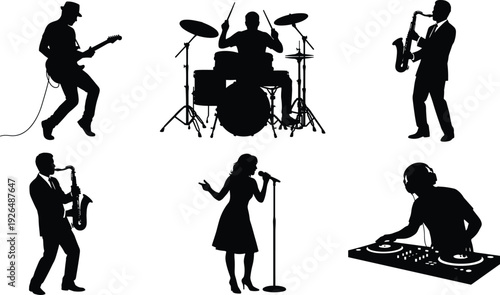 Silhouette music band performers set, guitarist drummer saxophonist singer DJ isolated on white background, flat vector illustration