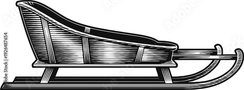Vintage wooden sleigh illustration traditional winter sled with curved runners and high backrest detailed engraving