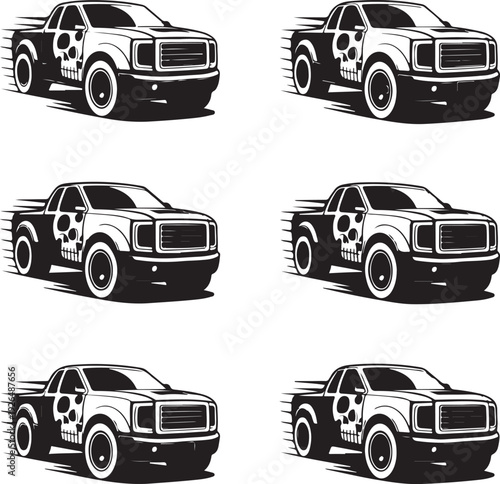 blackandwhite illustration of pickup trucks with skull on side  speeding
