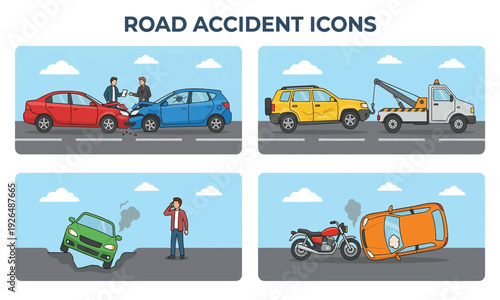 Set of Road Accident Flat Vector Illustrations Depicting Various Traffic Collisions and Emergency Situations