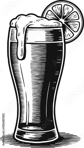Foamy glass of dark beer with lemon slice, refreshing drink illustration in vintage engraving