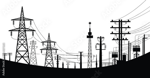 High voltage electricity transmission towers and power substation network silhouette landscape, energy industry infrastructure, flat vector illustration