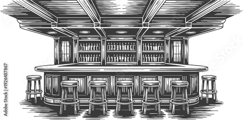 Vintage wooden bar interior with stools and ceiling beams in classic pub illustration