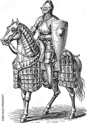 Medieval armored knight on horse with shield and helmet in full plate armor riding war horse
