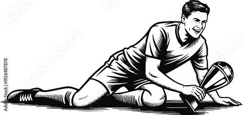 vintage illustration of joyful soccer player sitting on ground holding trophy cup celebrating win
