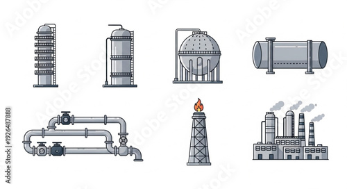 Industrial plant equipment illustrations showcasing various processing and storage units.