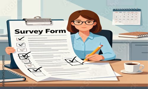Professional woman diligently completing a comprehensive survey form to gather valuable feedback and opinions for business insights and market research