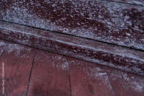 Rustic dark wood surface featuring heavy white mold and mildew growth. Gritty weathered timber texture with aged grain patterns, ideal for vintage or damaged material backgrounds.