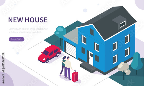 Happy couple embracing their new house, symbolizing homeownership and a fresh start journey in an isometric illustration
