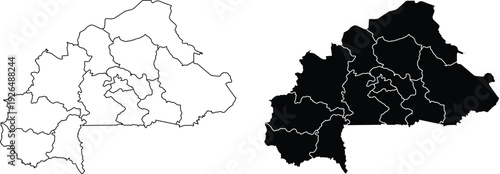 Burkina Faso Map with Regions Outline and Filled silhouette