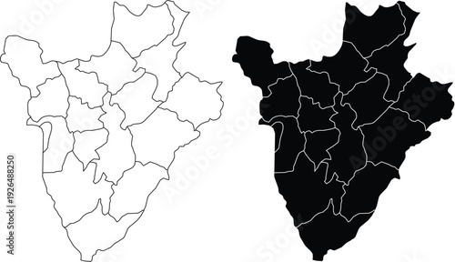 Burundi Map with Regions Outline and Filled silhouette