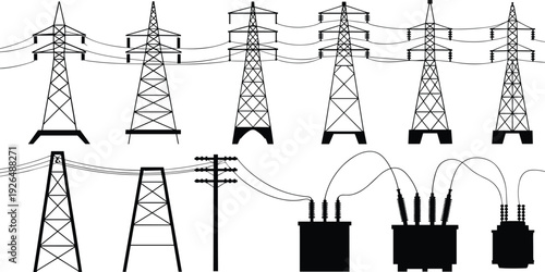 High voltage power transmission towers and electrical transformers collection, flat vector illustration, isolated energy infrastructure silhouette set design