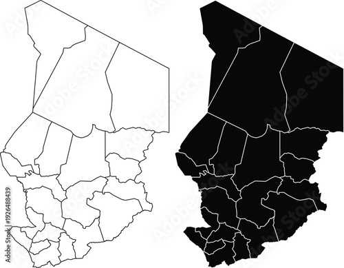 Chad map with internal divisions outline and silhouette on white background