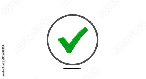 Green check mark inside gray circle isolated on white background with shadow