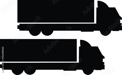 Black cargo truck silhouette, side view transport vehicle, delivery lorry vector, commercial freight transportation illustration isolated on white background graphic