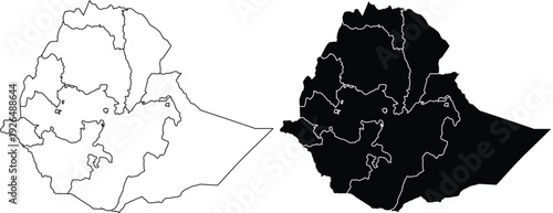 Ethiopia map with internal divisions outline and filled