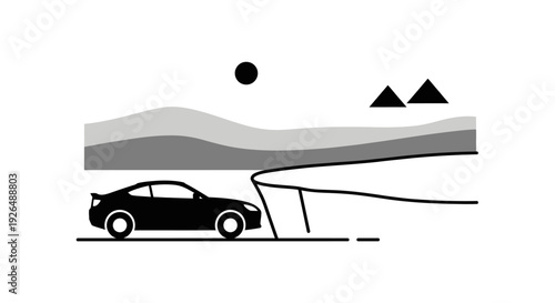 Minimalist Sports Car Driving Near Cliff Landscape.