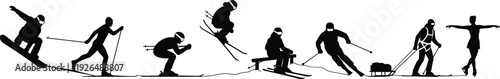 Winter sports silhouette set, skiing snowboarding biathlon and figure skating athletes isolated on white background, flat vector illustration