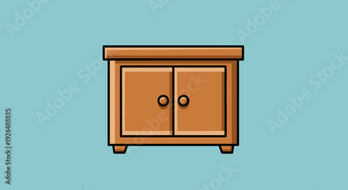 Small brown wooden double cabinet with two round knobs, cartoon vector illustration on blue background