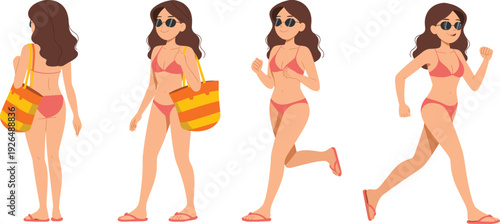 Woman in pink bikini running, walking, jogging, holding beach bag, summer activity sequence, cartoon character motion, flat vector illustration