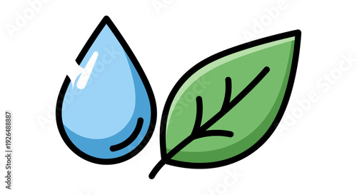 Stylized icon of a blue water drop and a fresh green leaf on a white background