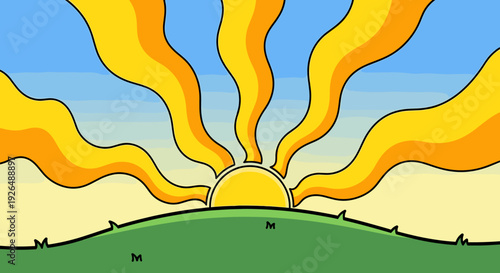 Vibrant retro-style sunrise over green hills with wavy orange rays under a blue sky