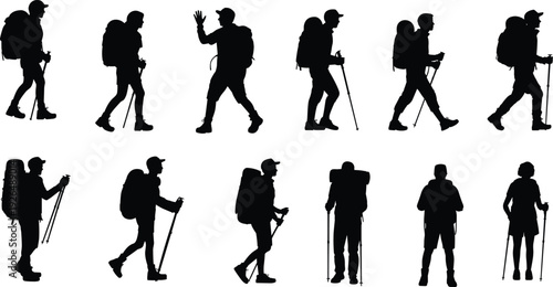 Collection of hiking silhouettes with backpacks and trekking poles isolated on white background representing adventure travel and outdoor lifestyle