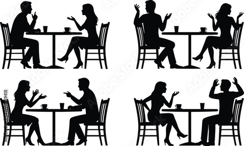 Couple silhouettes sitting at cafe table talking and arguing isolated on white background, relationship communication concept for dating, conflict, lifestyle illustration