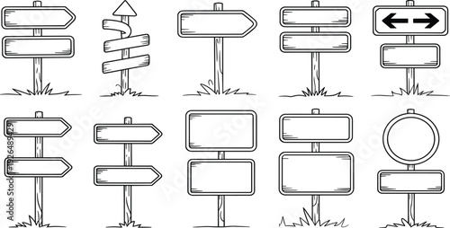 Cartoon illustration of rustic wooden directional signposts with varied arrow shapes, stacked planks, and creative designs for outdoor navigation, wayfinding, and decorative themes