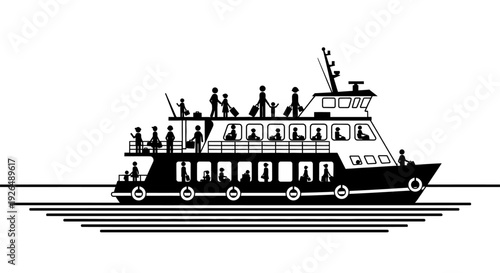 Passenger ferry ship silhouette with people and luggage on deck.