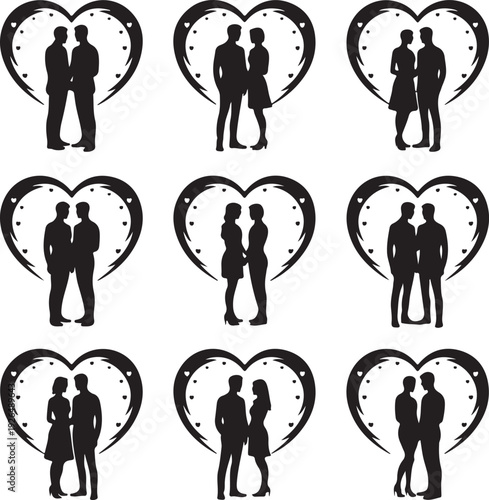 couples in love silhouettes with heart shapes