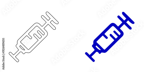 Medical syringe vector icon set with blue outline and bold linear illustrations for healthcare, vaccination, and medicine design.