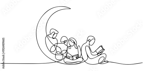 Single one line drawing woman sitting on crescent moon reading a book. Metaphor of reading a fairy story before sleeping. Read until late. Love reading. Continuous line design graphic illustration
