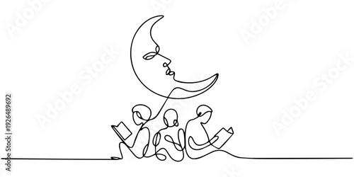 Single one line drawing woman sitting on crescent moon reading a book. Metaphor of reading a fairy story before sleeping. Read until late. Love reading. Continuous line design graphic illustration
