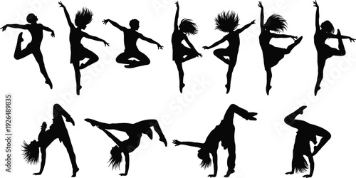 Dynamic dance silhouettes collection featuring modern dancers jumping, spinning, acrobatic poses, expressive movement, contemporary choreography, artistic performance concept