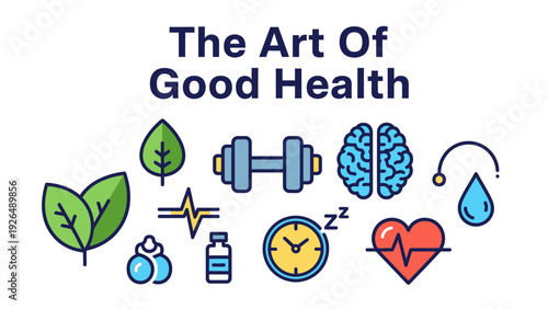 Flat line icon set collection about healthy lifestyle and wellness with "The Art of Good Health" typography.